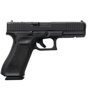 Black semi-automatic handgun on white background