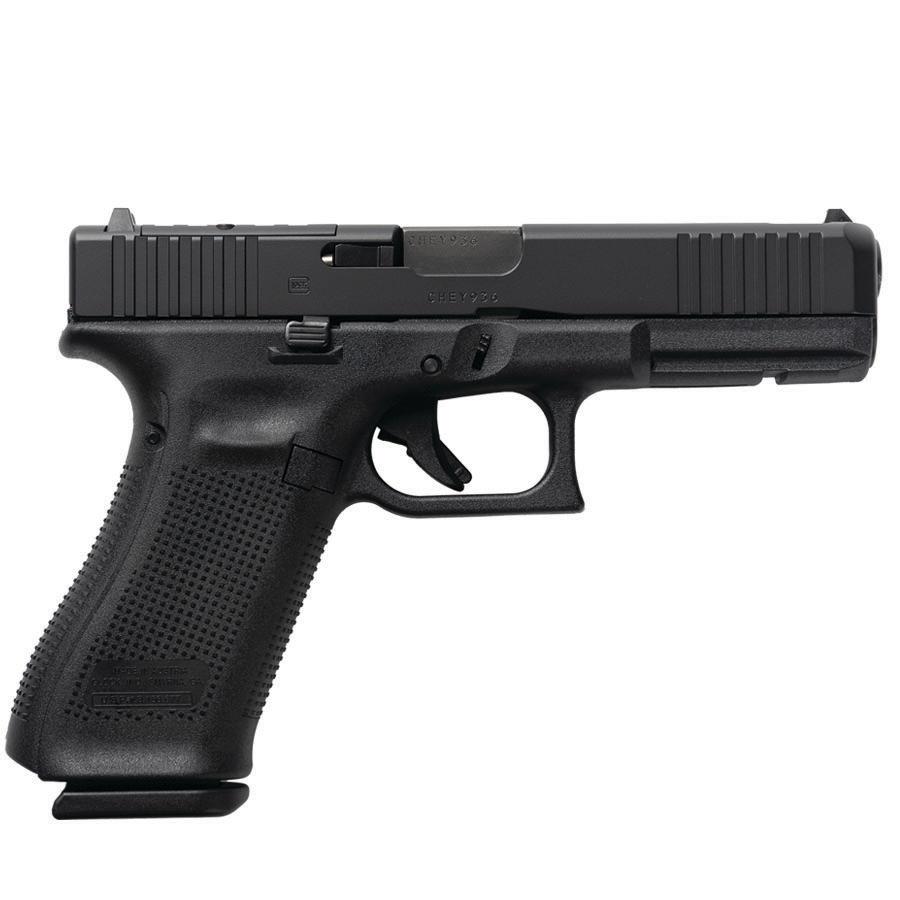 Black semi-automatic handgun on white background
