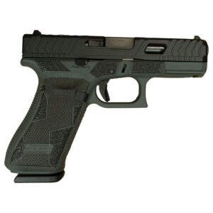 Black and green semi-automatic handgun on white background