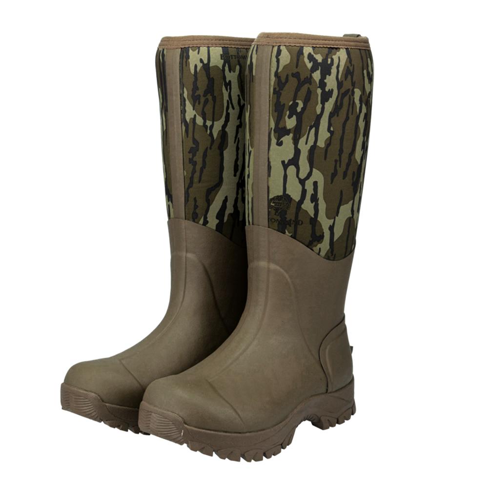 Camouflage rubber hunting boots with brown soles