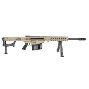 Tan Barrett-style sniper rifle with bipod