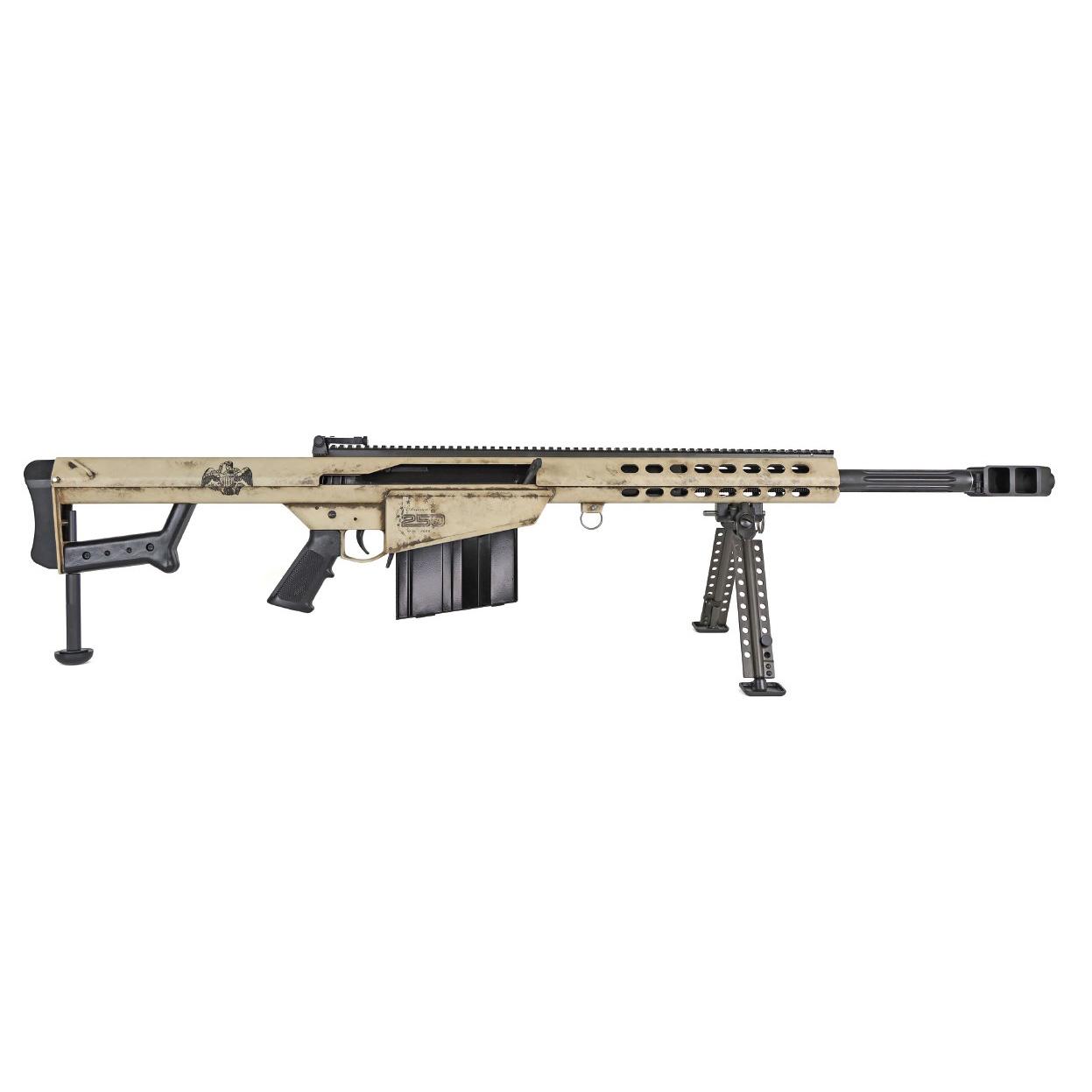 Tan Barrett-style sniper rifle with bipod