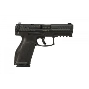 Black semi-automatic handgun on white background