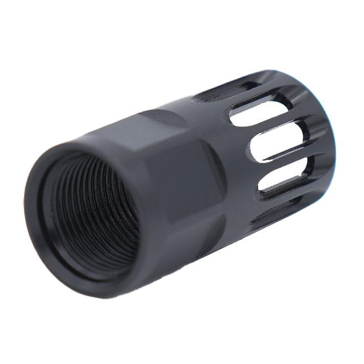 Black metal rifle flash hider with threaded interior