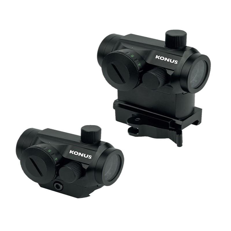 Two black KONUS red dot sight scopes