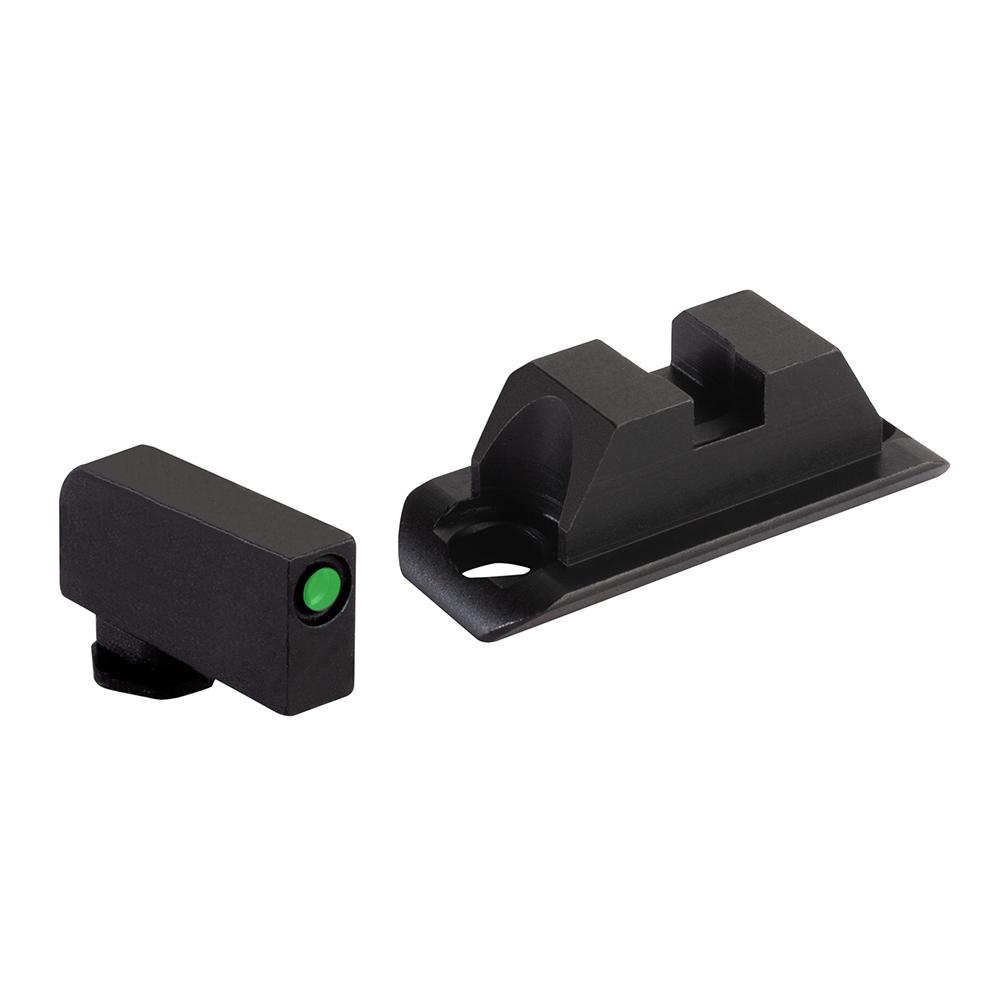 Black firearm iron sights with green fiber optic