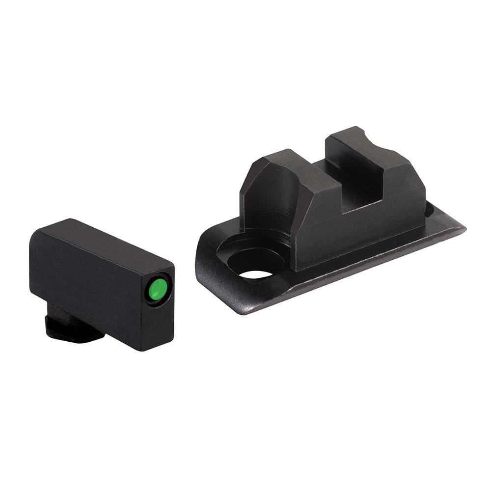 Black metal pistol sights with green fiber optic