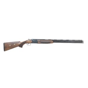 Double-barrel shotgun with wooden stock on white background