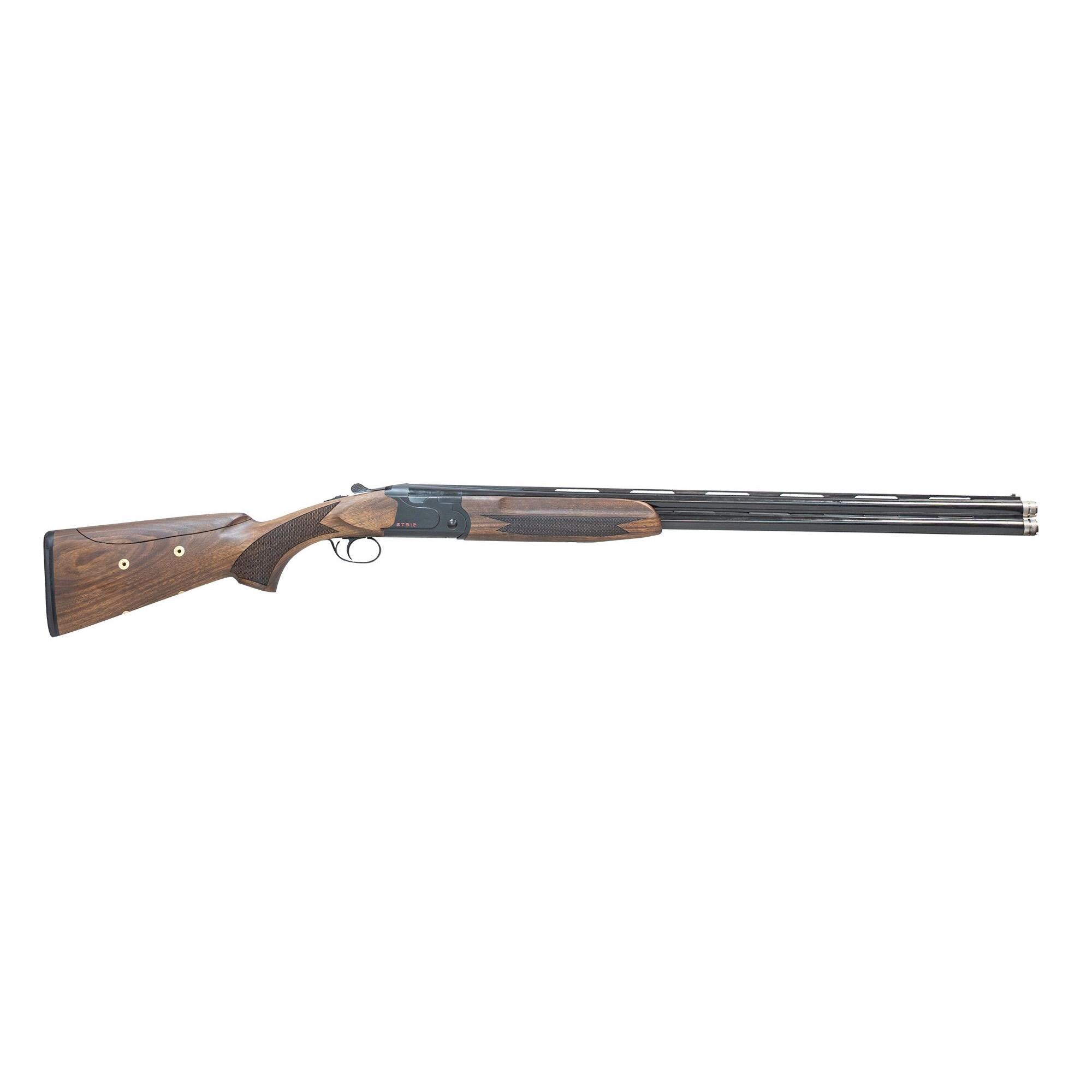 Double-barrel shotgun with wooden stock on white background