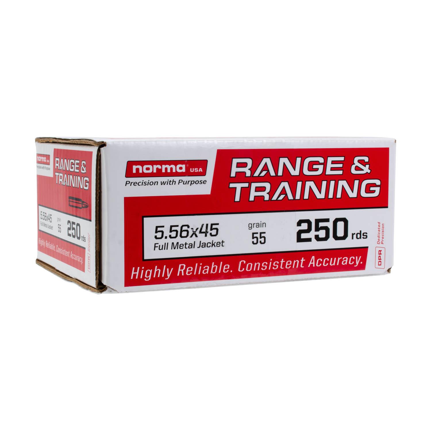 Box of Norma 5.56x45 250-round ammunition