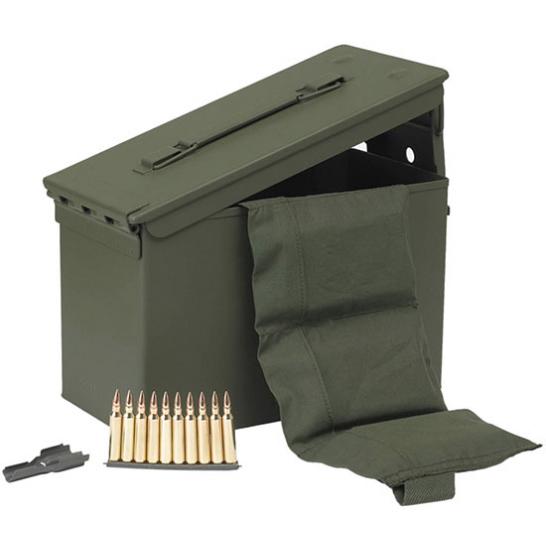 Green metal ammo box with bullets and pouch