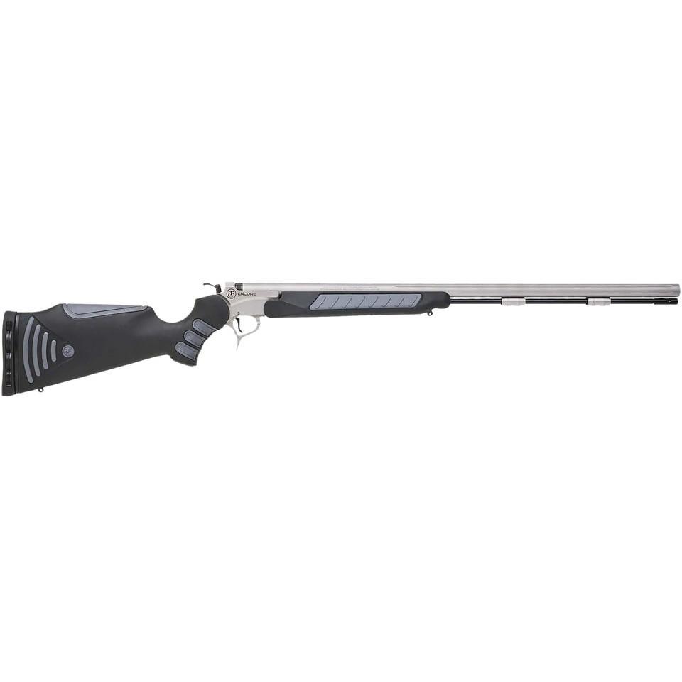 Modern stainless steel rifle with black stock