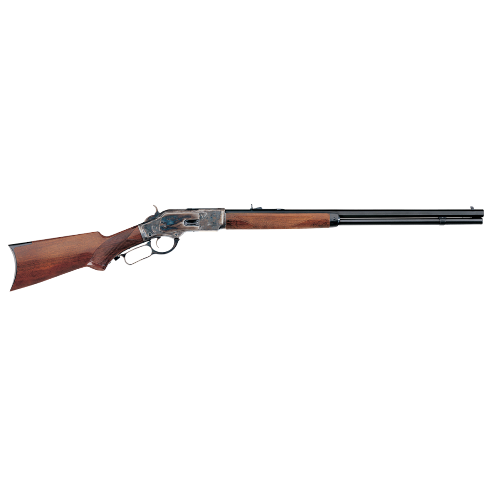 Lever-action rifle with wooden stock on white background