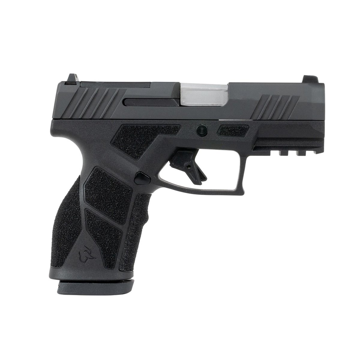 Compact black semi-automatic handgun on white background