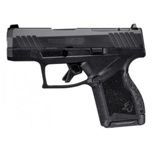 Black semi-automatic handgun on white background