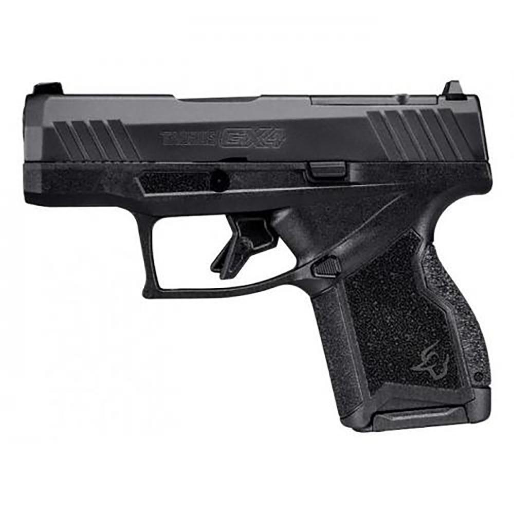 Black semi-automatic handgun on white background
