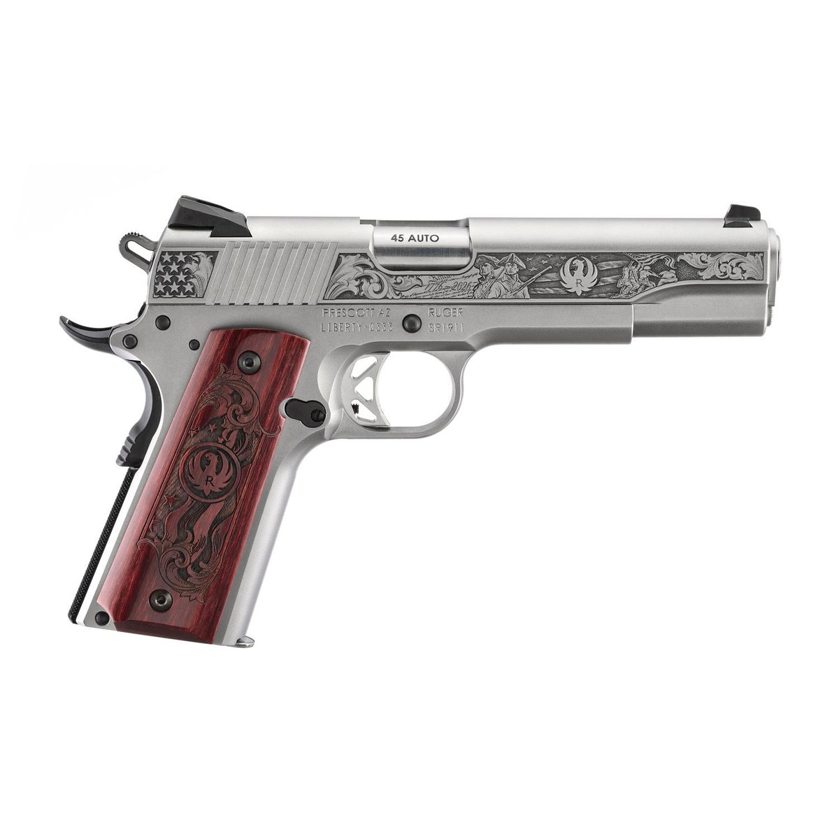 Engraved silver 1911-style pistol with wooden grip