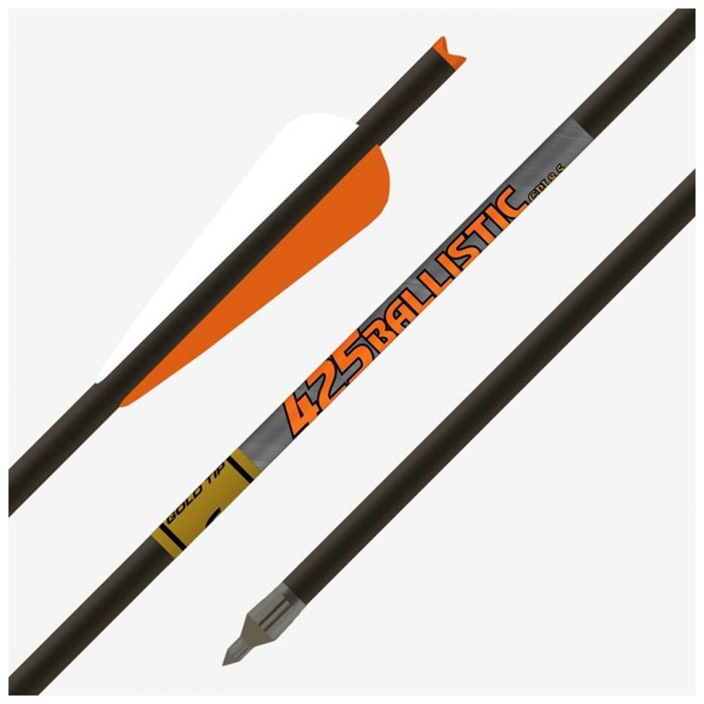 Black hunting arrow with orange fletching and broadhead