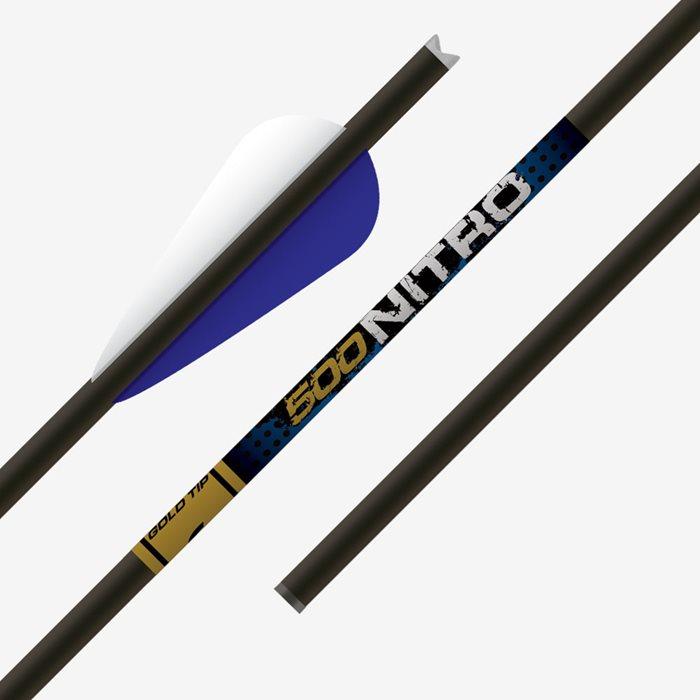 Archery arrow shaft with blue and white fletching
