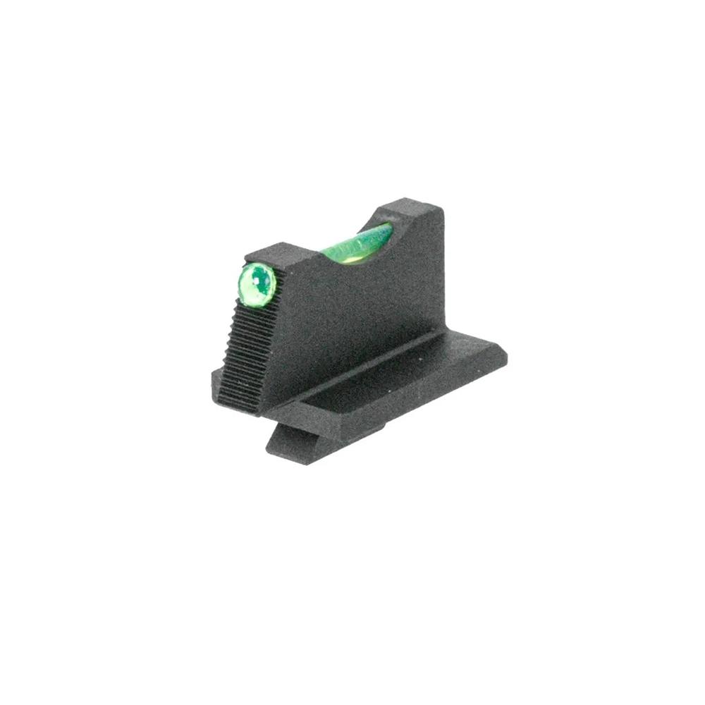 Black firearm front sight with green fiber optic