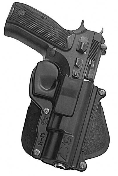 Handgun in black holster on white background