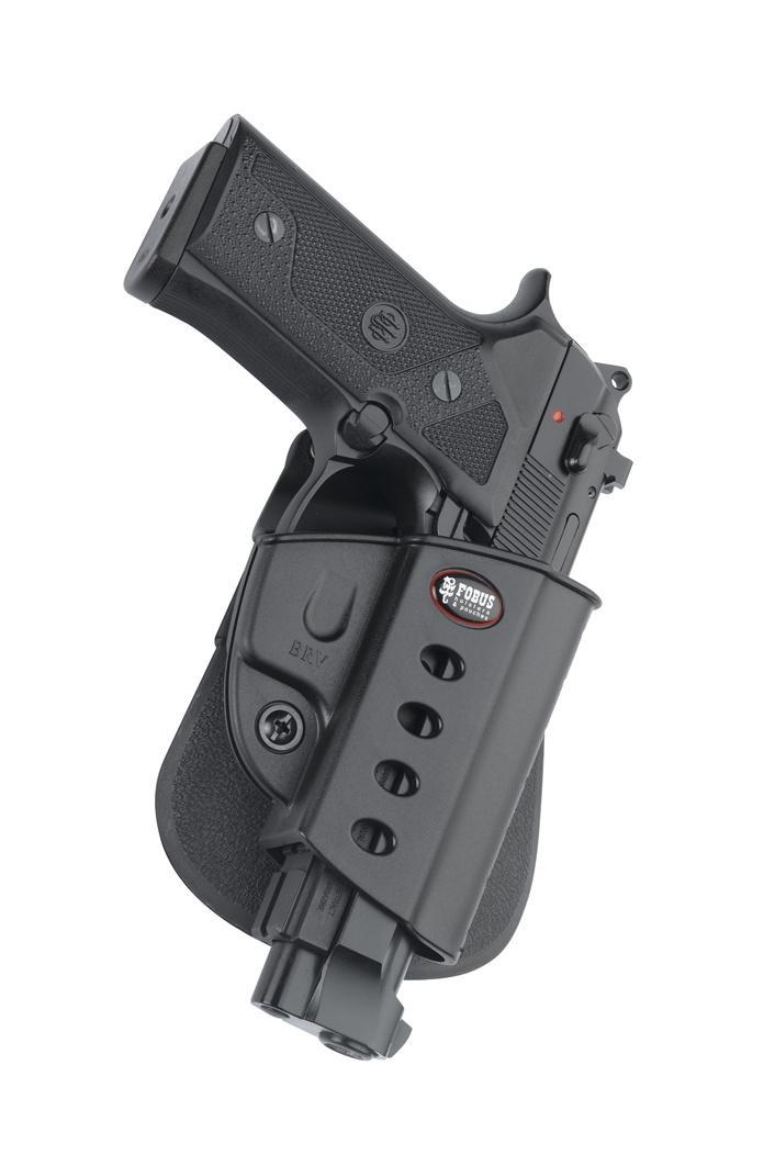 Black handgun in polymer holster on white background