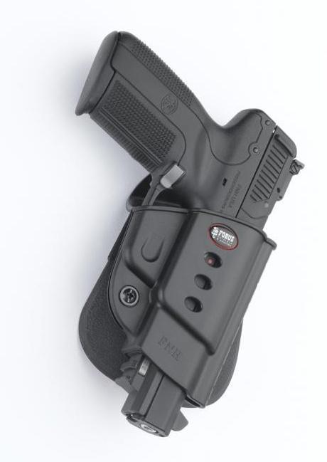 Black handgun in molded holster with laser attachment