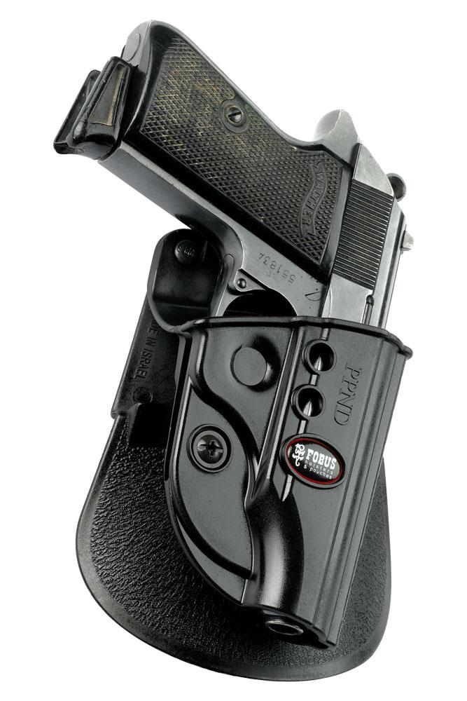 Handgun in black paddle holster