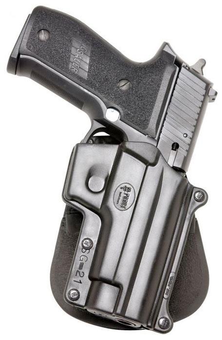 Black handgun in holster on white background