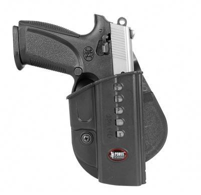 Handgun secured in black polymer holster