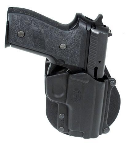 Black semi-automatic handgun in holster