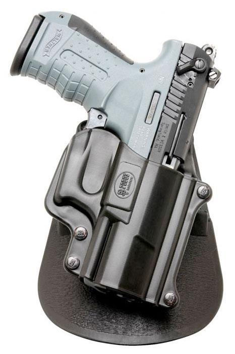 Handgun secured in black holster on stand