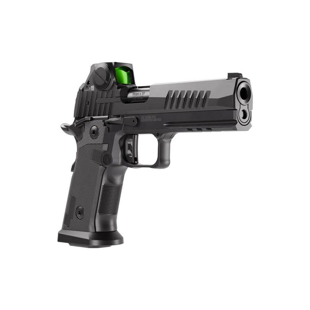 Black semi-automatic pistol with mounted red dot sight