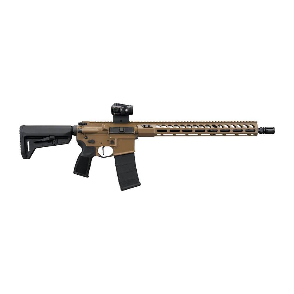 Tan AR-15 style rifle with optic