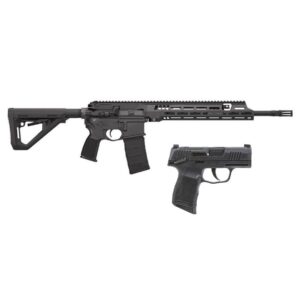 Modern rifle and compact handgun on white background