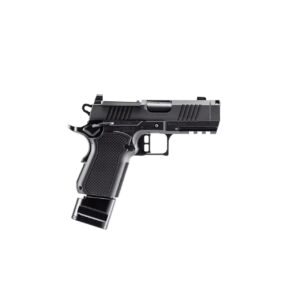 Black semi-automatic pistol with extended magazine