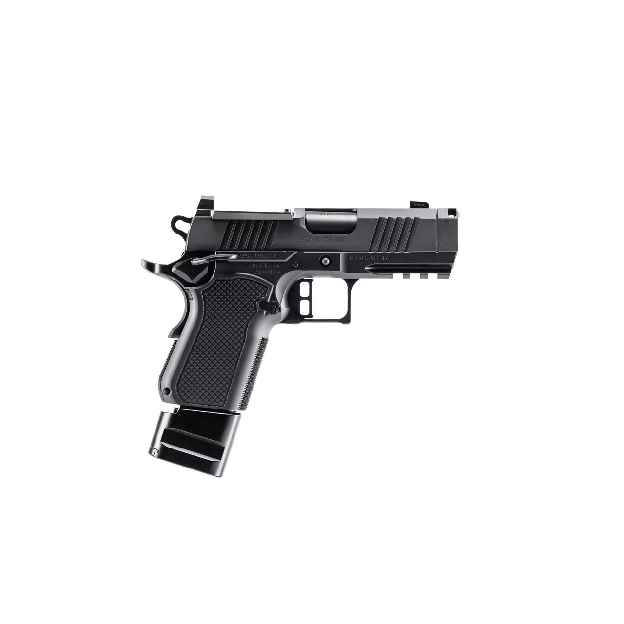 Black semi-automatic pistol with extended magazine