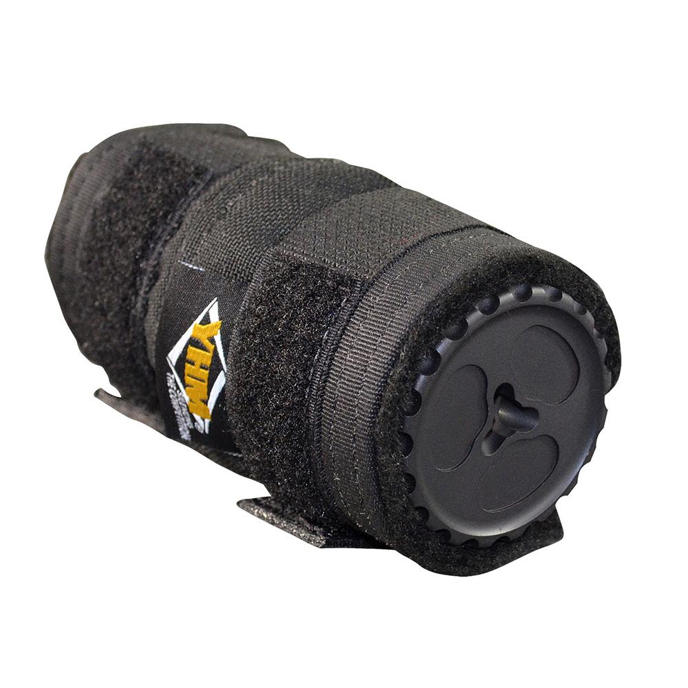 Black cylindrical padded training device with plastic end