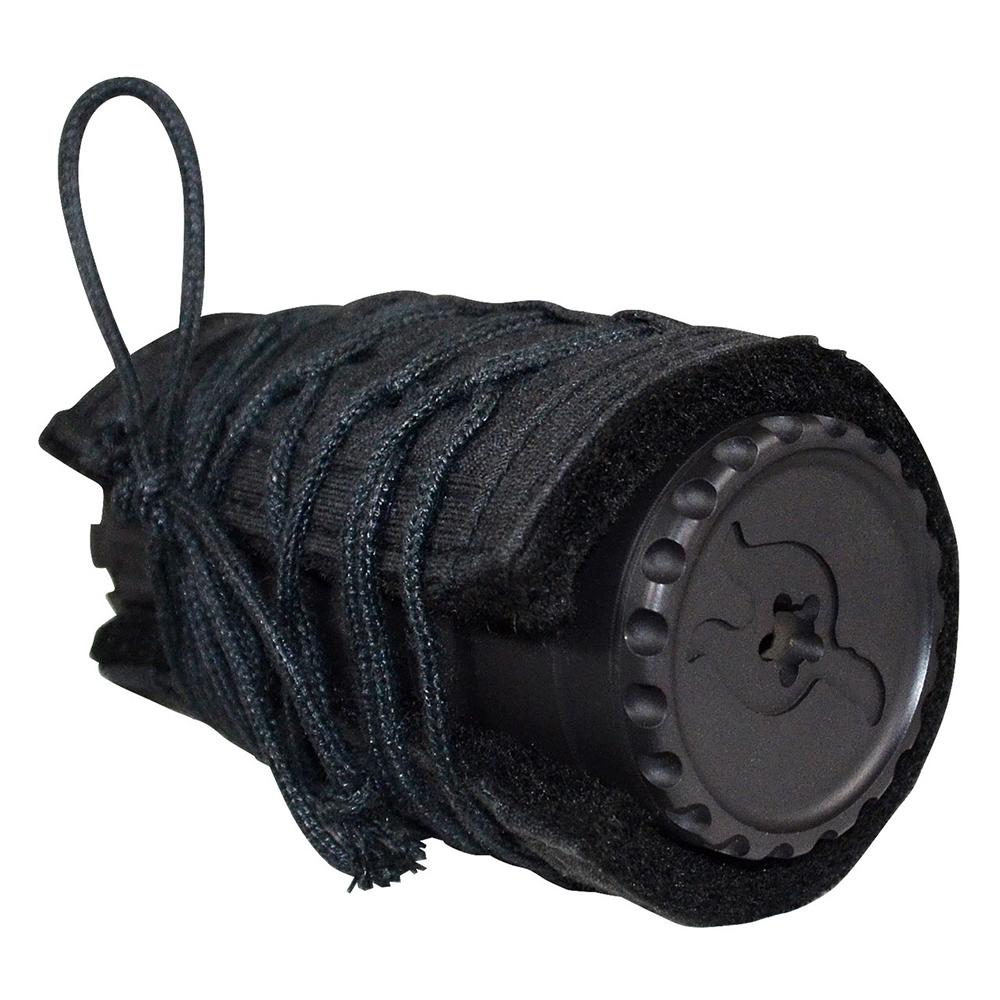 Black cylindrical portable speaker with fabric wrap