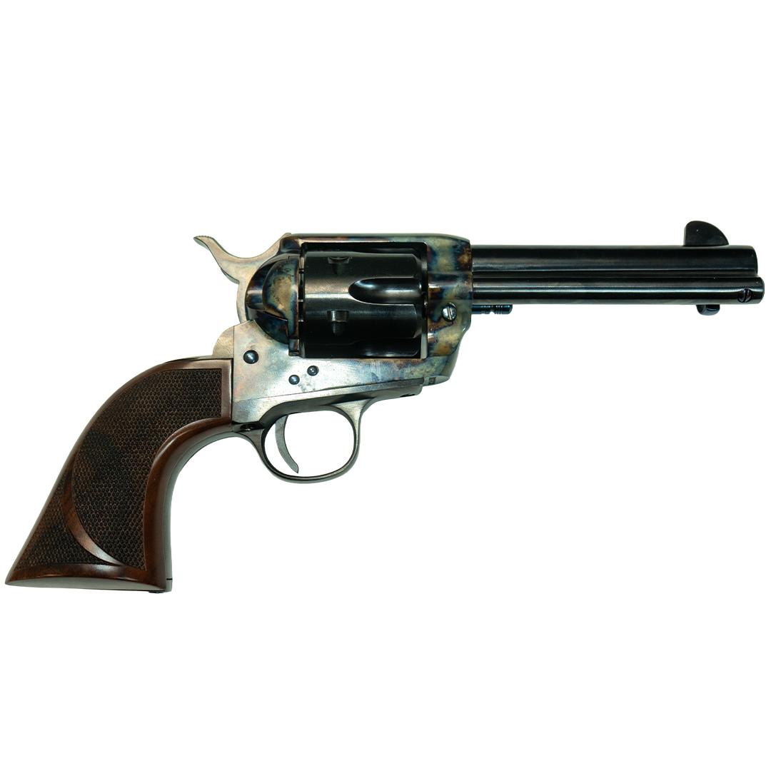 Vintage revolver with wooden grip on white background