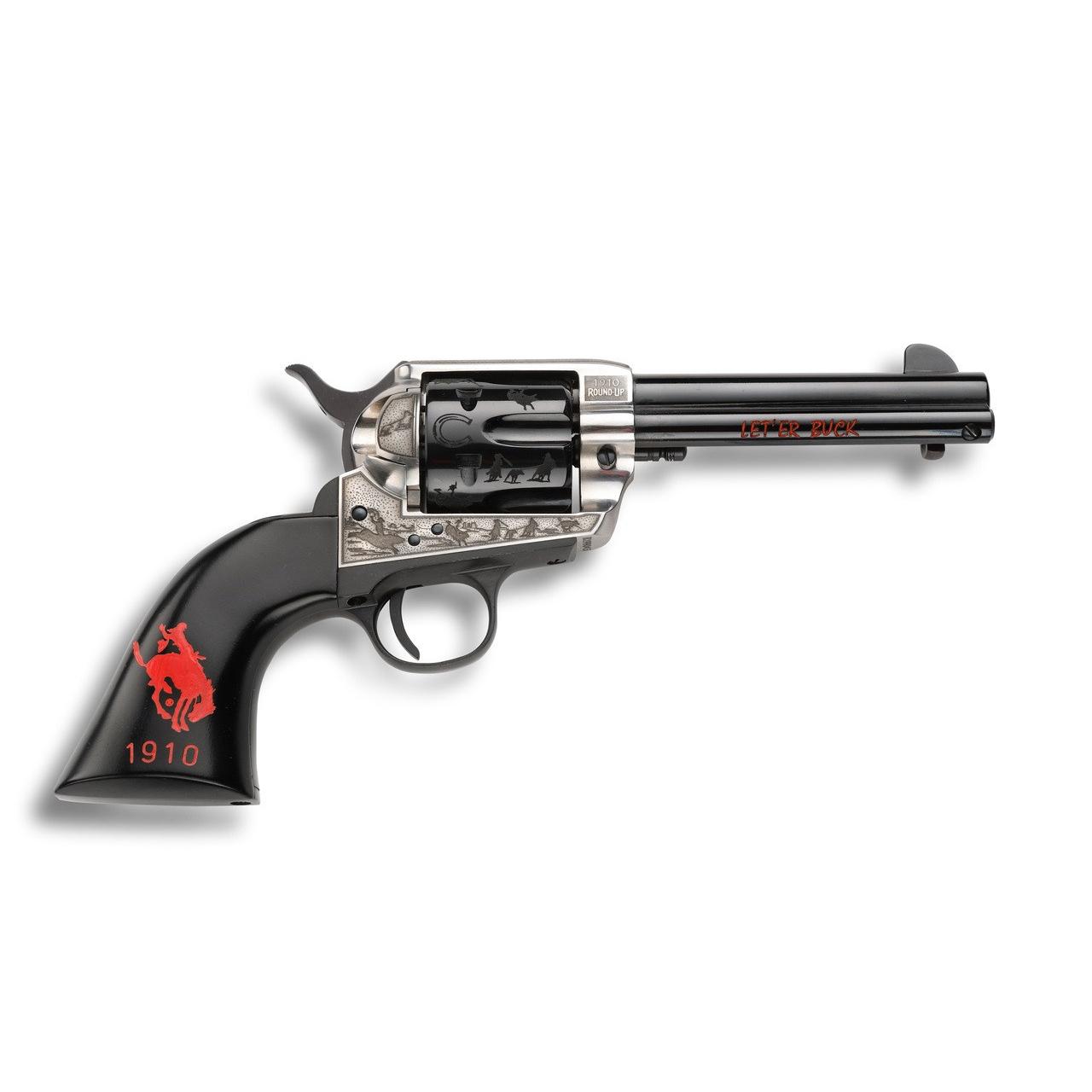 Engraved revolver with black grip and red logo