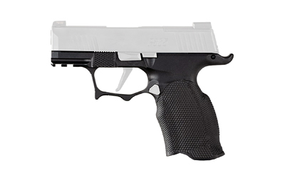 Black semi-automatic pistol on white background