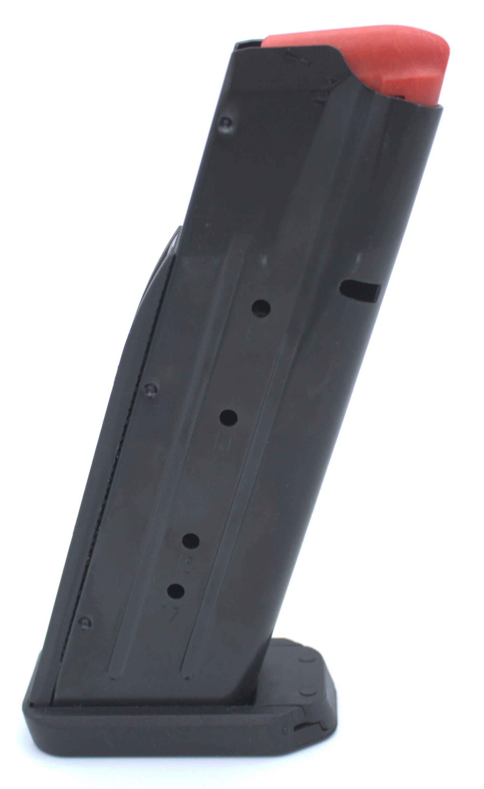 Black handgun magazine with red follower