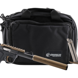 Handgun with suppressor and magazines beside range bag