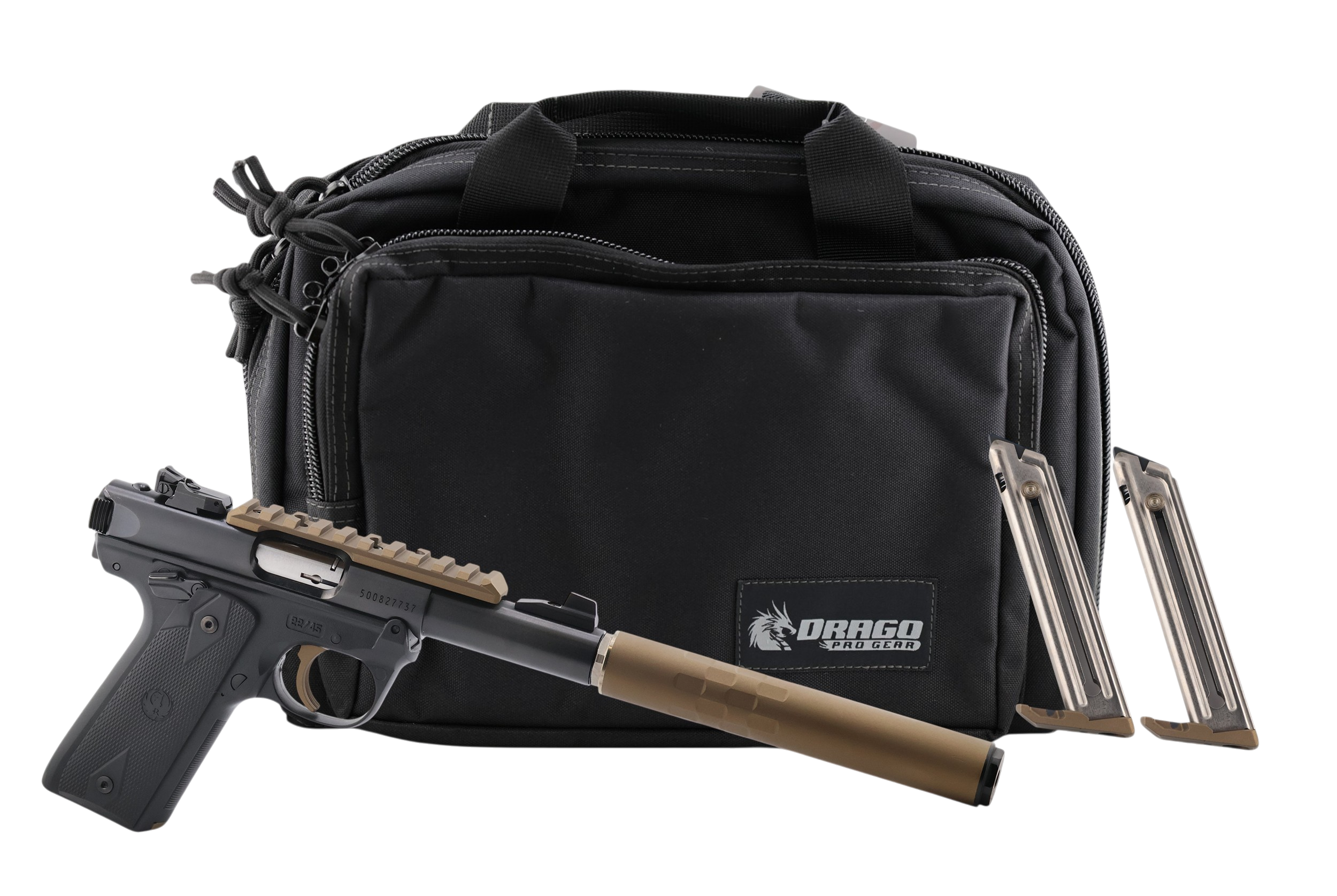 Handgun with suppressor and magazines beside range bag