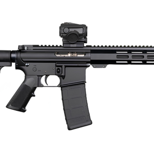 Black semi-automatic rifle with red dot sight