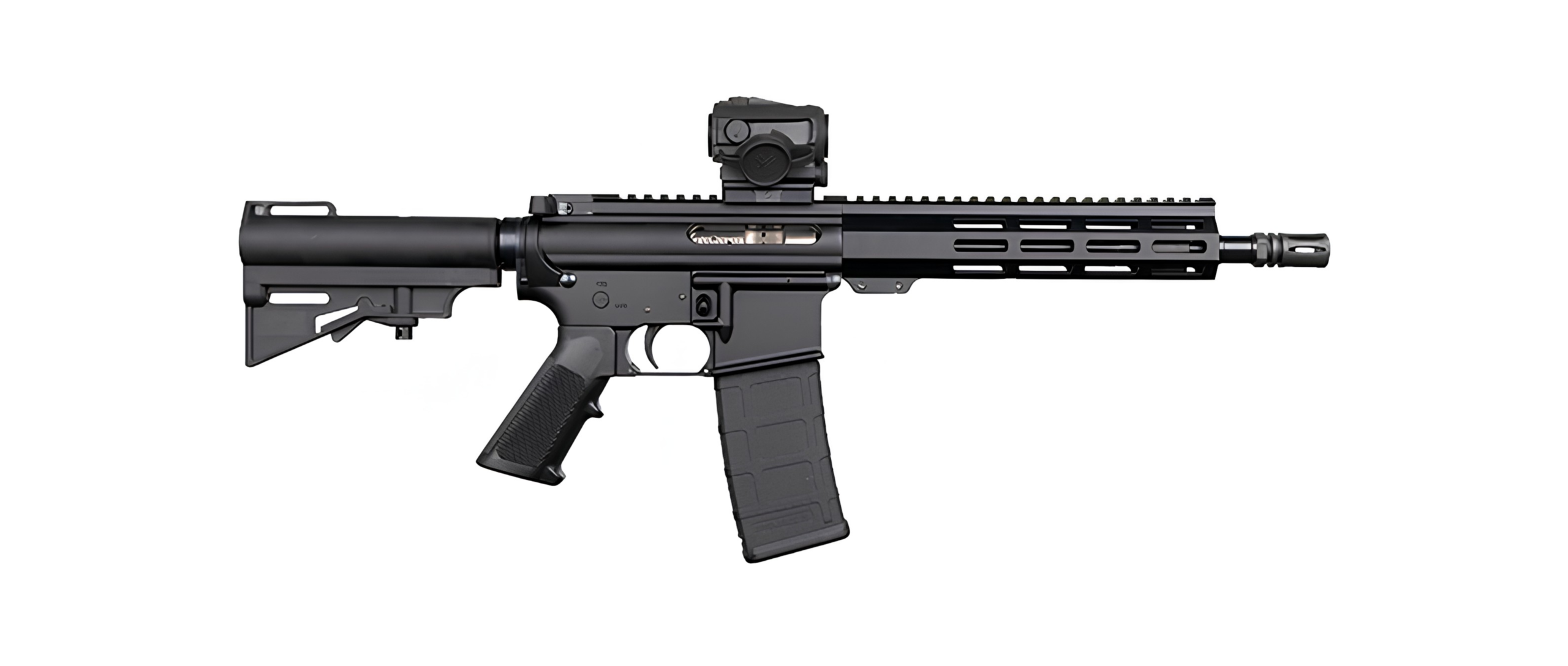 Black semi-automatic rifle with red dot sight