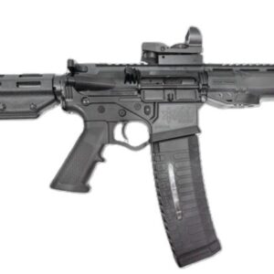 Black AR-style rifle with optic sight