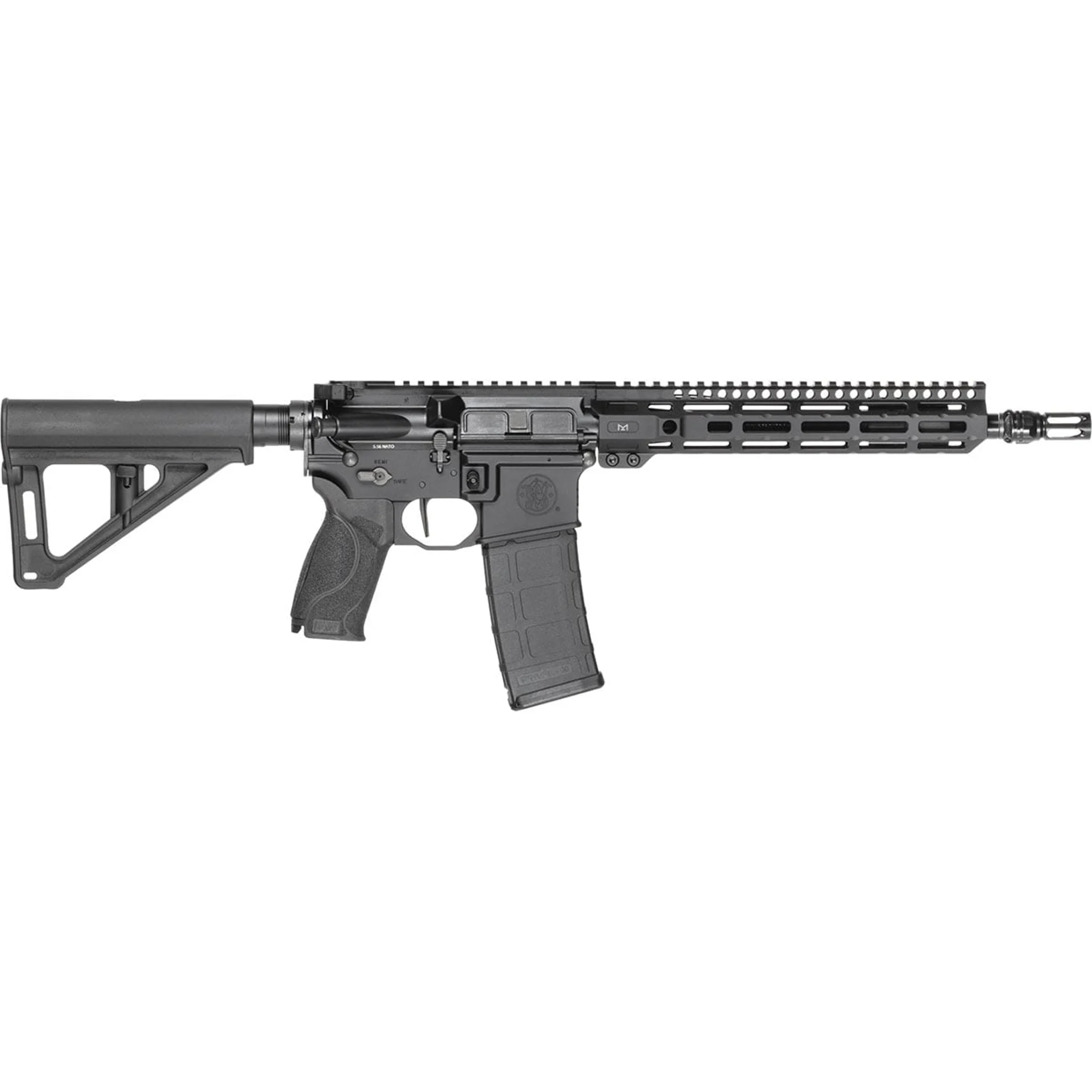 Black AR-15 style semi-automatic rifle