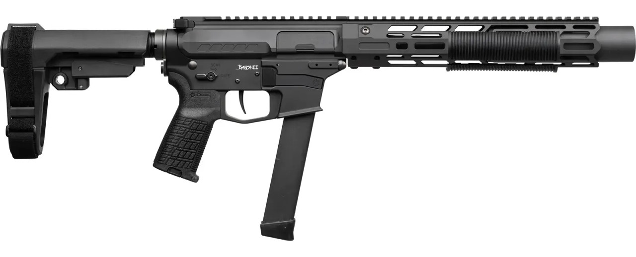 Black AR-style pistol with extended magazine